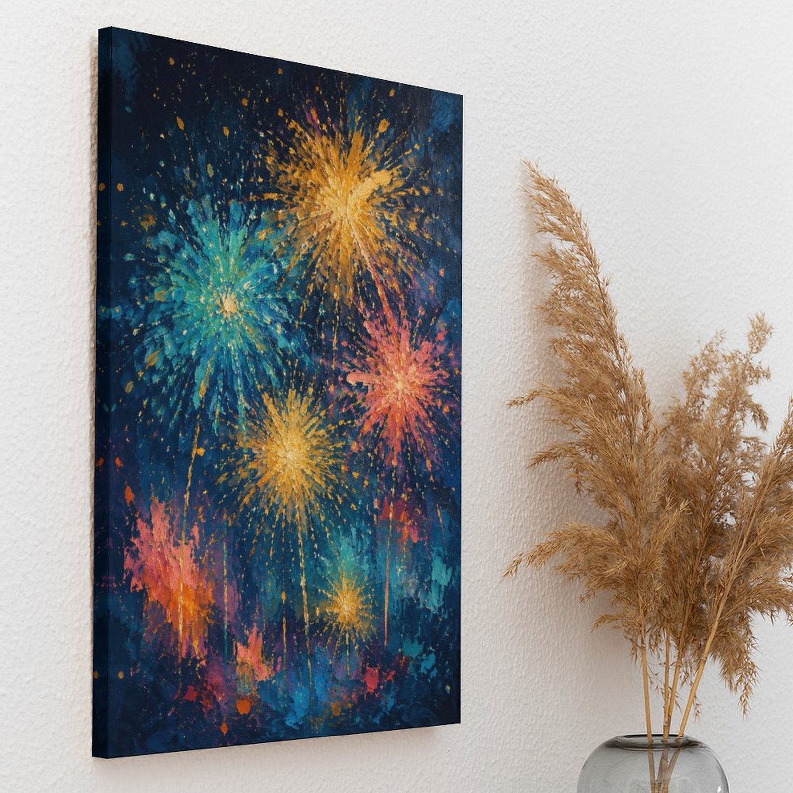 Colorful Fireworks Night Sky Impressionist Framed Canvas Wall Art | Festive Celebration Print