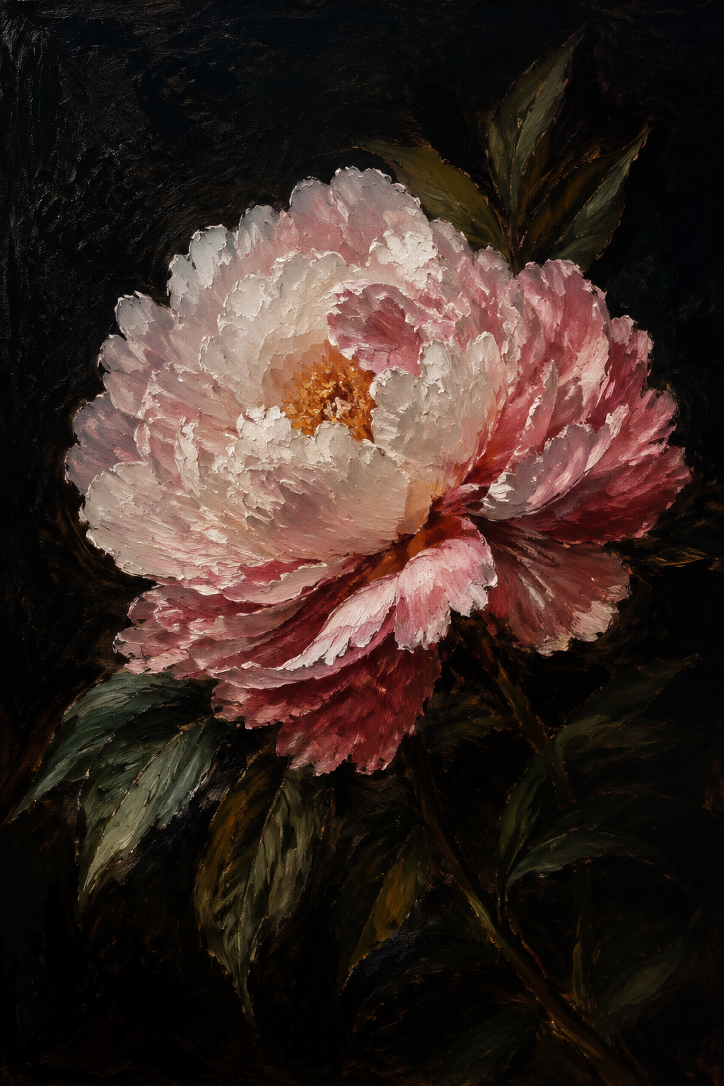 Pink Peony Dark Background Dutch Master Framed Canvas Wall Art | Old Master Floral Still Life Print