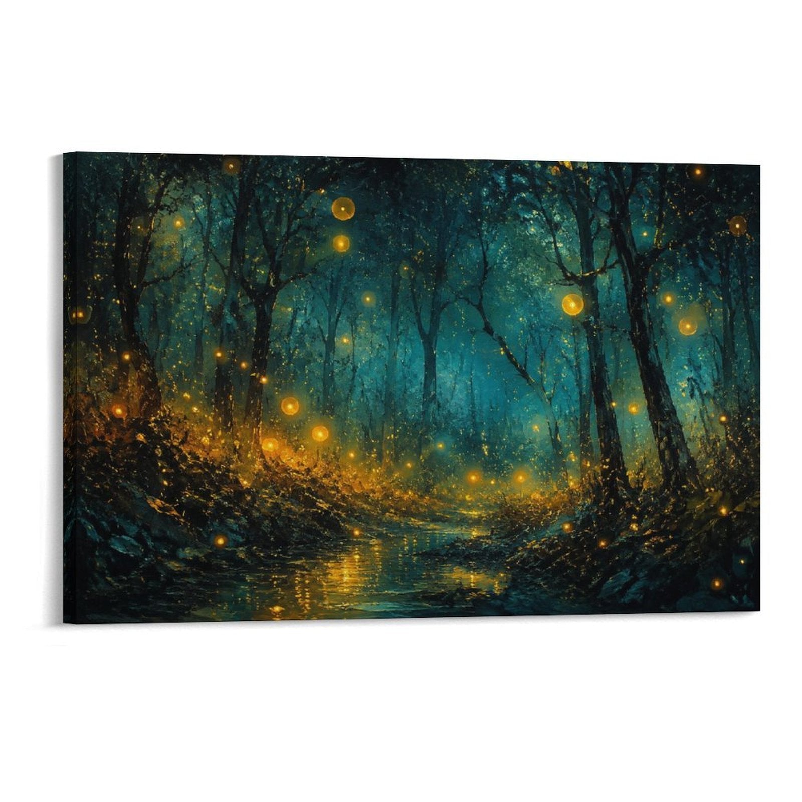 Firefly Enchanted Forest Night Magical Dark Woodland Stream Framed Canvas Wall Art