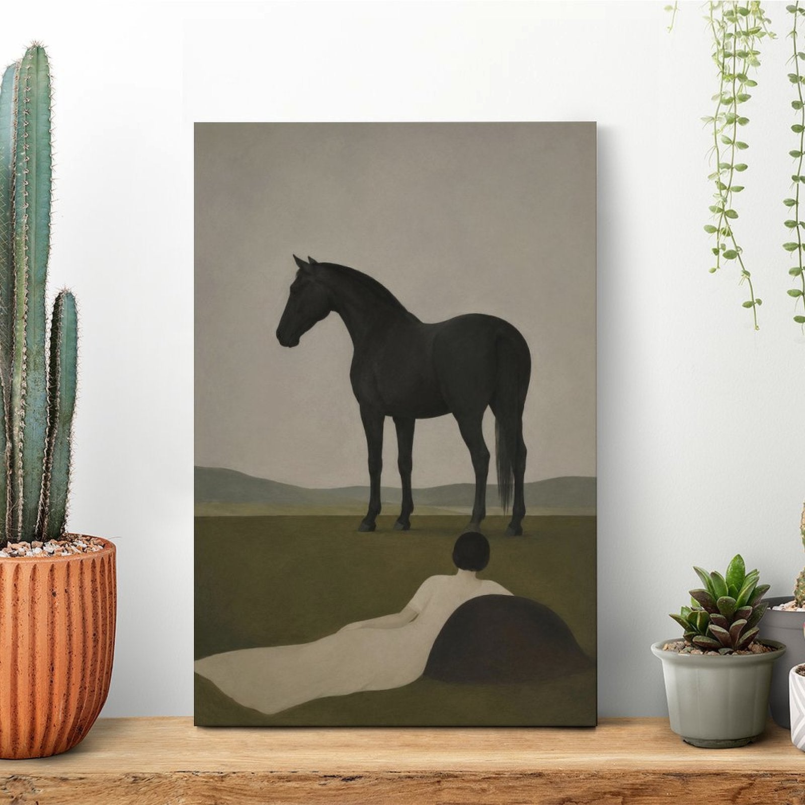 Woman & Black Horse Minimalist Framed Canvas Wall Art | Moody Figurative Print