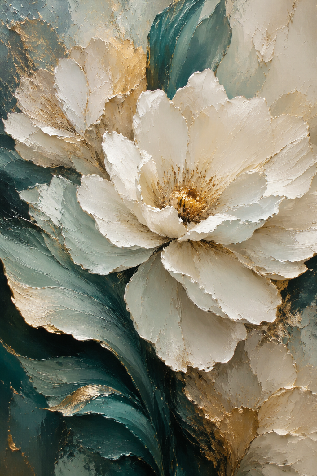 Cream White Peony Gold Botanical Framed Canvas Wall Art | Teal Green Floral Textured Print