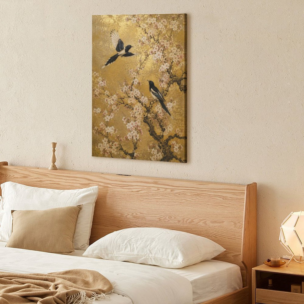 Magpies & Cherry Blossom Gold Framed Canvas Wall Art | Asian Floral Bird Print