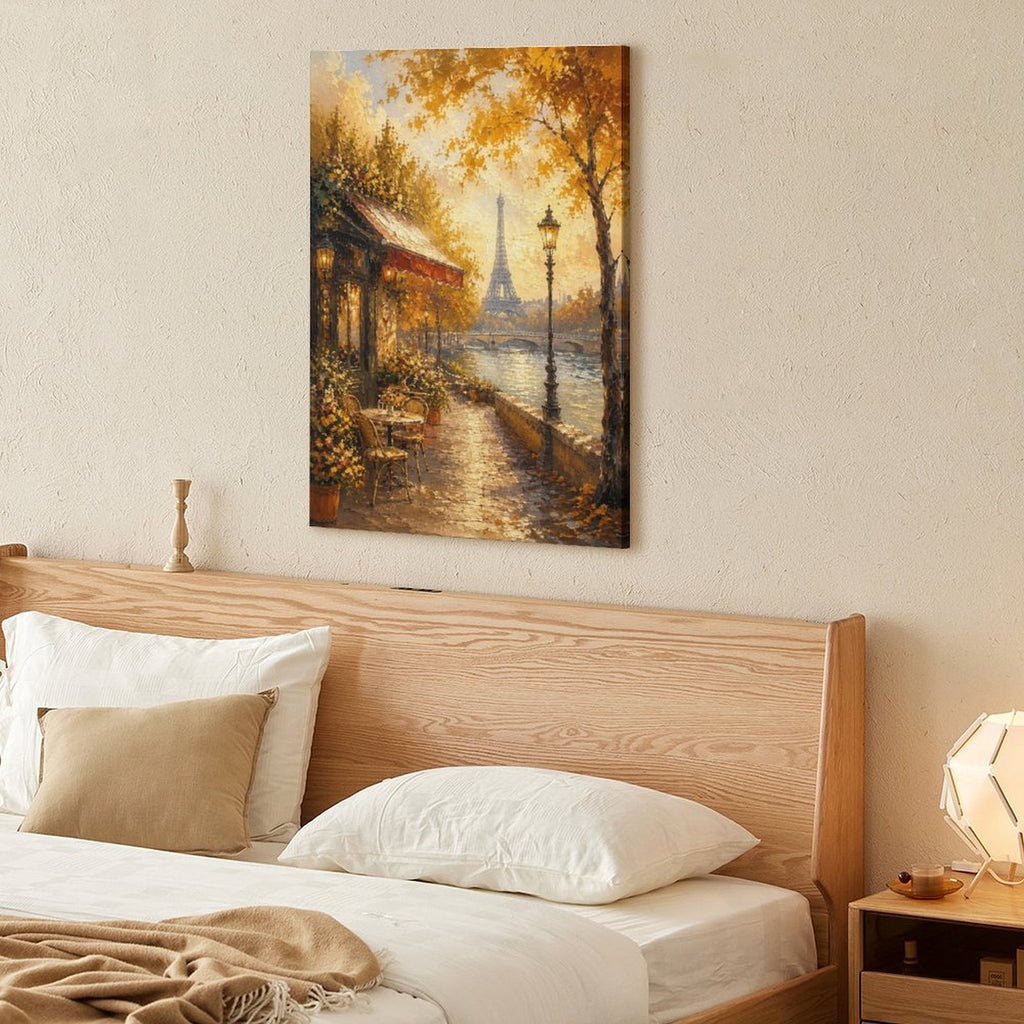 Paris Seine River Autumn Cafe Eiffel Tower Framed Canvas Wall Art | Romantic Impressionist Print