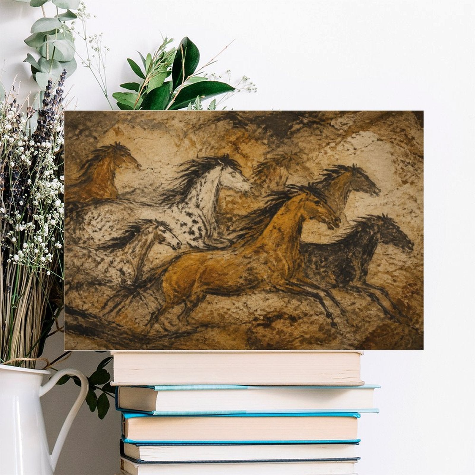 Cave Painting Wild Horses Framed Canvas Wall Art | Prehistoric Primitive Equestrian Print