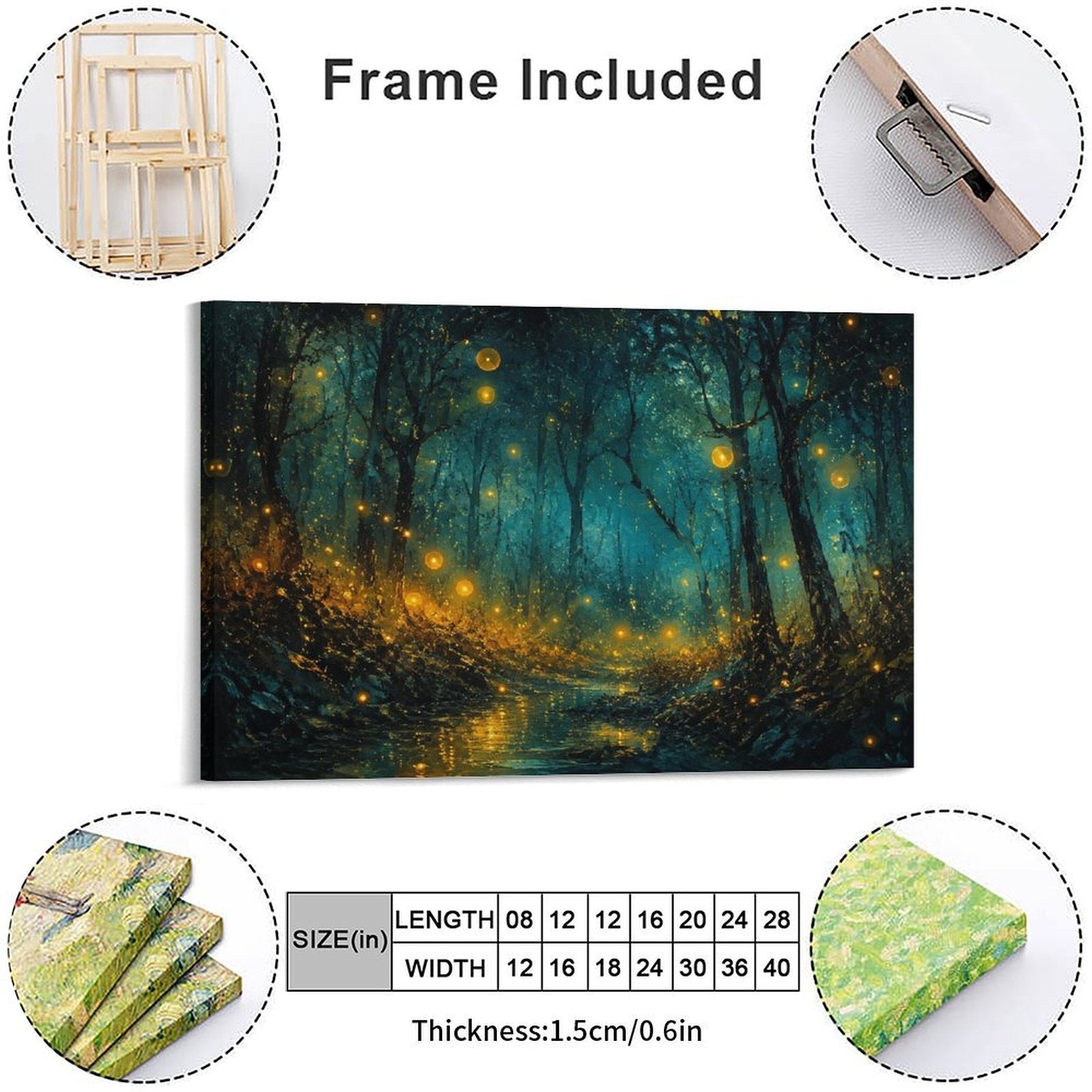 Firefly Enchanted Forest Night Framed Canvas Wall Art | Magical Dark Woodland Stream Print